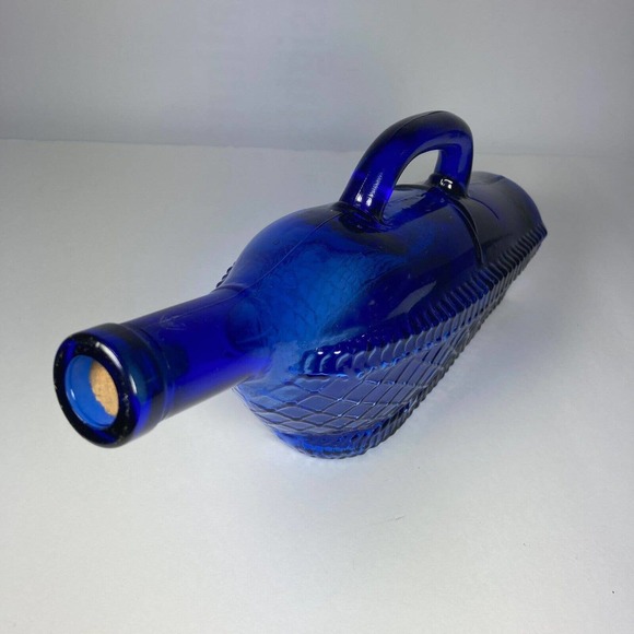 Vintage Cobalt Blue Embossed Wine Bottle | Quilted Lattice Wicker Basket, Handle - Picture 8 of 10